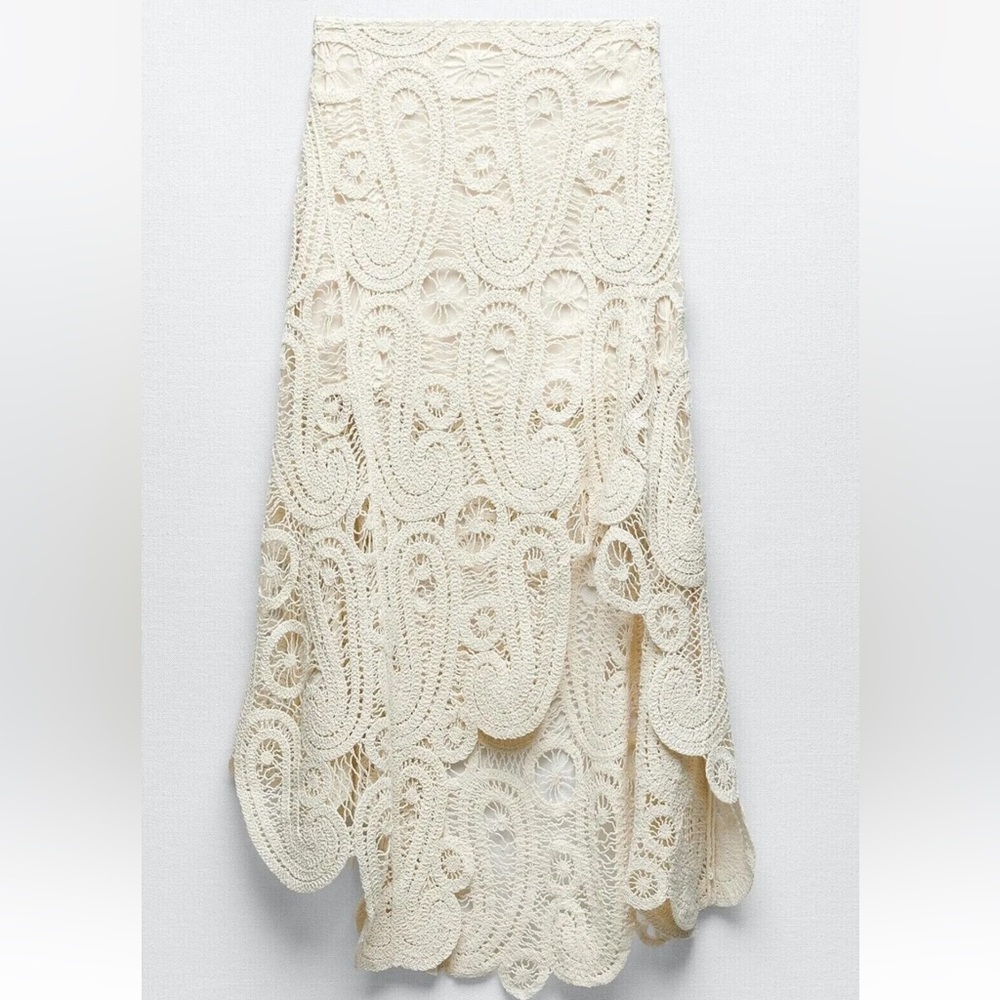 NEW ZARA COTTON ASYMMETRIC CROCHET STRAW SKIRT SZ S REF 2712/012 - Picture 5 of 16
